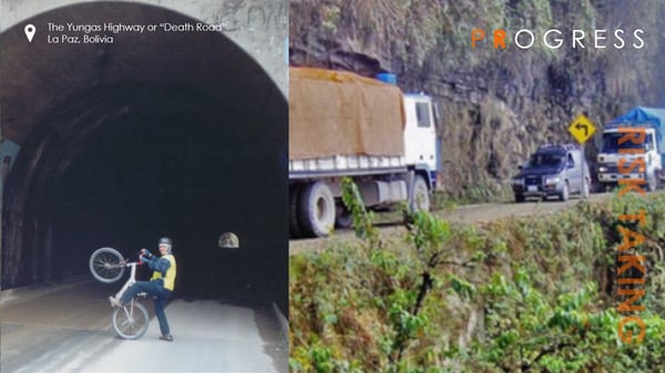 Alex Gambotto on the Yungas Highway or "Death Road" in Bolivia.